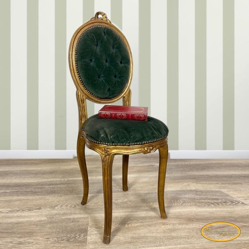 Sedia antica in legno dorato oro sediolina stile retrò tessuto verde vintage Arredamento