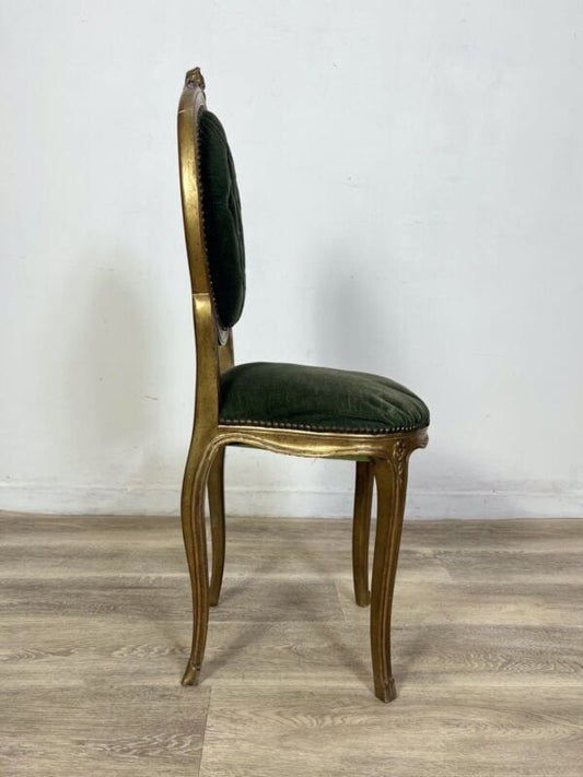Sedia antica in legno dorato oro sediolina stile retrò tessuto verde vintage Arredamento