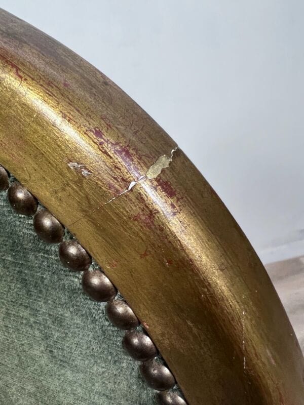 Sedia antica in legno dorato oro sediolina stile retrò tessuto verde vintage Arredamento