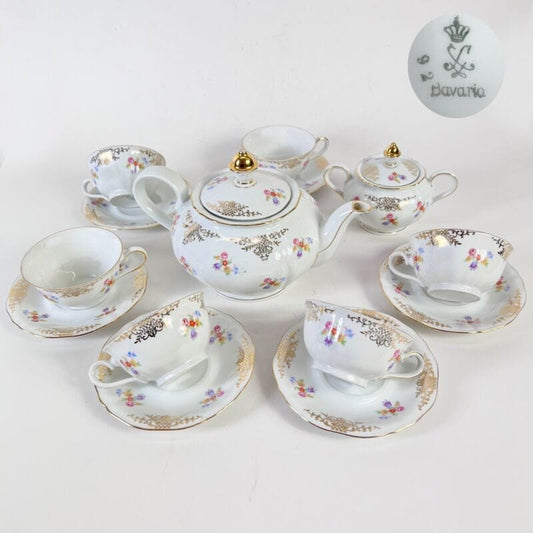 Servizio da tè the antico in porcellana Bavaria tazze teiera a fiori e oro per 6 Ceramiche e Porcellane