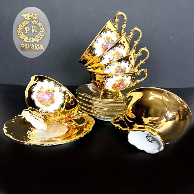 Servizio da tè the antico in porcellana bianca oro zecchino Bavaria set 6 tazze Ceramiche e Porcellane