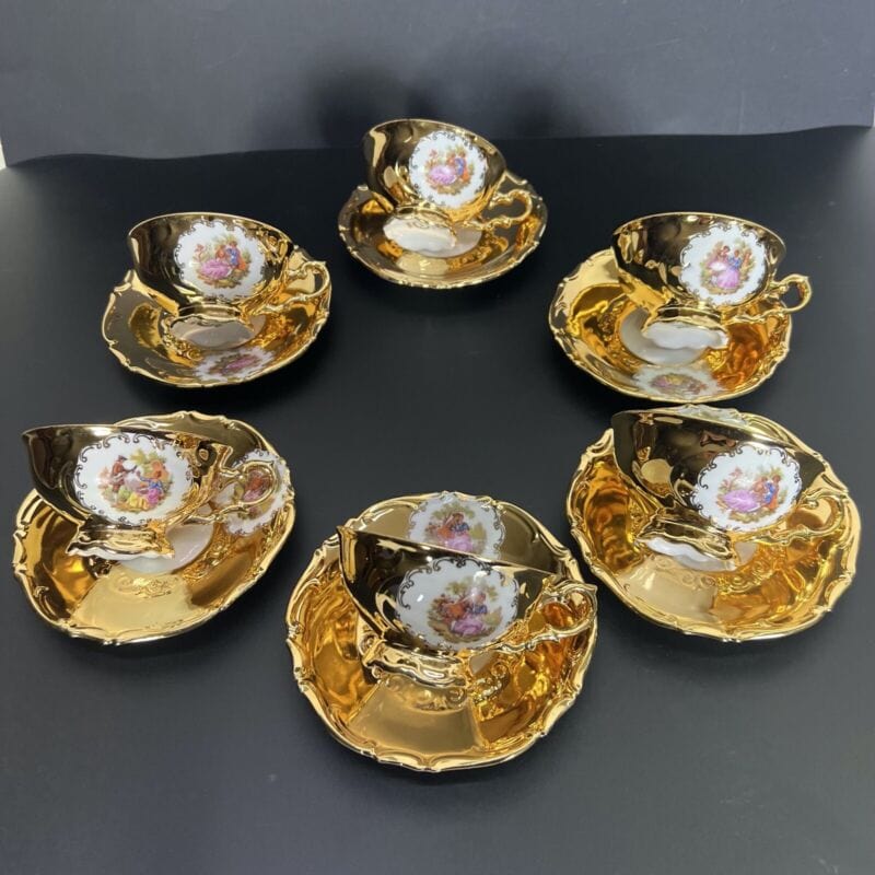 Servizio da tè the antico in porcellana bianca oro zecchino Bavaria set 6 tazze Ceramiche e Porcellane