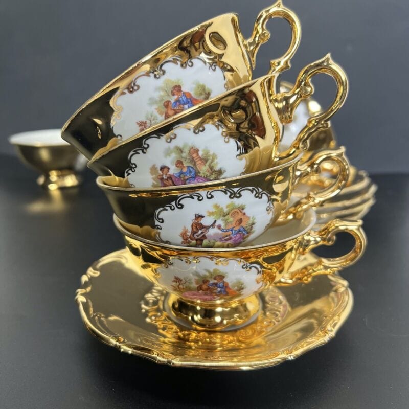 Servizio da tè the antico in porcellana bianca oro zecchino Bavaria set 6 tazze Ceramiche e Porcellane