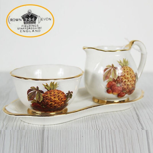 Set zuccheriera e lattiera in ceramica antica crown devon bricco latte ananas Ceramiche e Porcellane