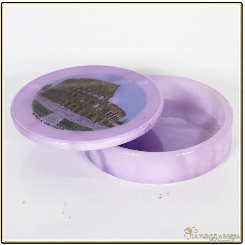 Souvenir Roma italia Vintage anni 70 Colosseo scatola rotonda in alabastro viola Pubblicità vintage