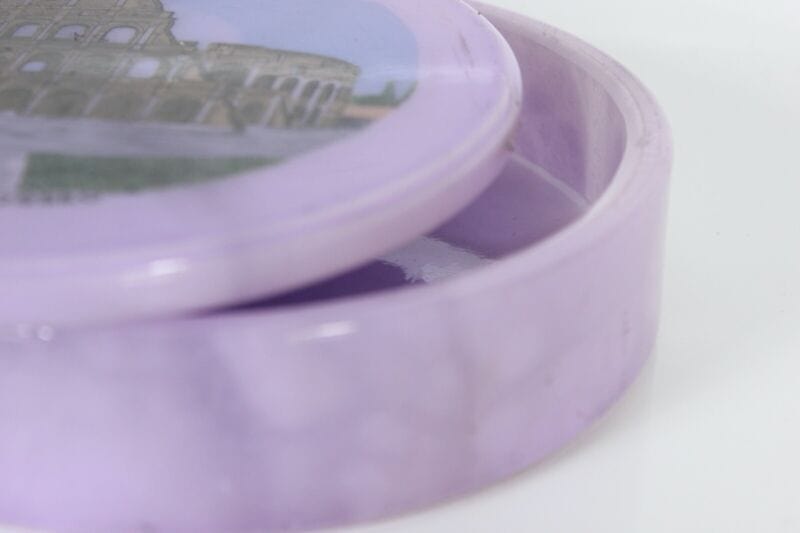 Souvenir Roma italia Vintage anni 70 Colosseo scatola rotonda in alabastro viola Pubblicità vintage