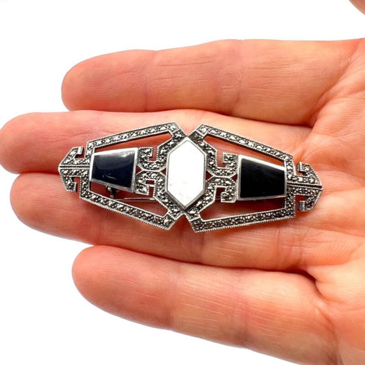 Spilla Vintage stile antica in argento 925  art deco madreperla e marcasite nera Bigiotteria & Accessori