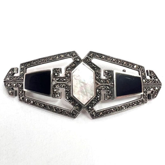 Spilla Vintage stile antica in argento 925  art deco madreperla e marcasite nera Bigiotteria & Accessori