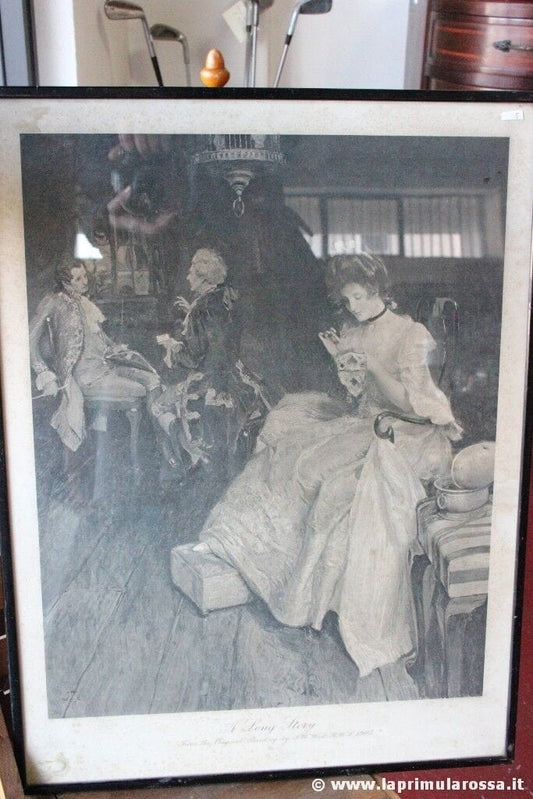STAMPA ANTICA INGLESE CON CORNICE ANNO 1906 cm46x61  VINTAGE A LONG STORY PRINT Stampe e Incisioni