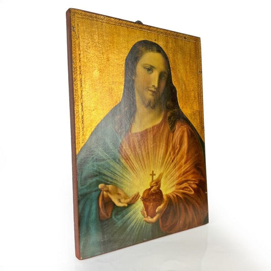 Tavola Sacro Cuore di Gesù in legno e oro Icona religiosa Stampa Vintage 900 Oggetti sacri - rosari