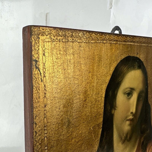 Tavola Sacro Cuore di Gesù in legno e oro Icona religiosa Stampa Vintage 900 Oggetti sacri - rosari