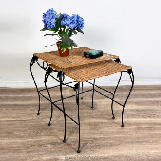 Tavolini vintage da caffe in paglia rattan vimini stile country chic ferro nero Arredamento