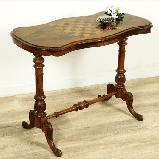 Tavolino tavolo antico da per salotto in legno d'epoca 800 intarsiato scacchiera Arredamento