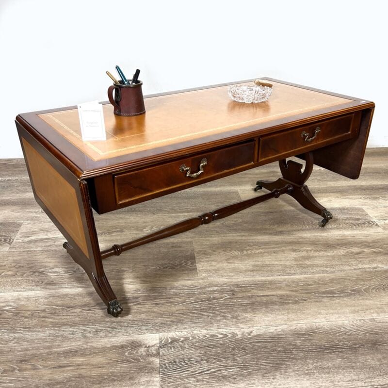 Tavolino tavolo antico da salotto basso in legno piano pelle marrone per ufficio Arredamento