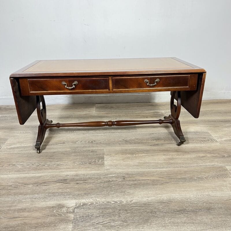 Tavolino tavolo antico da salotto basso in legno piano pelle marrone per ufficio Arredamento