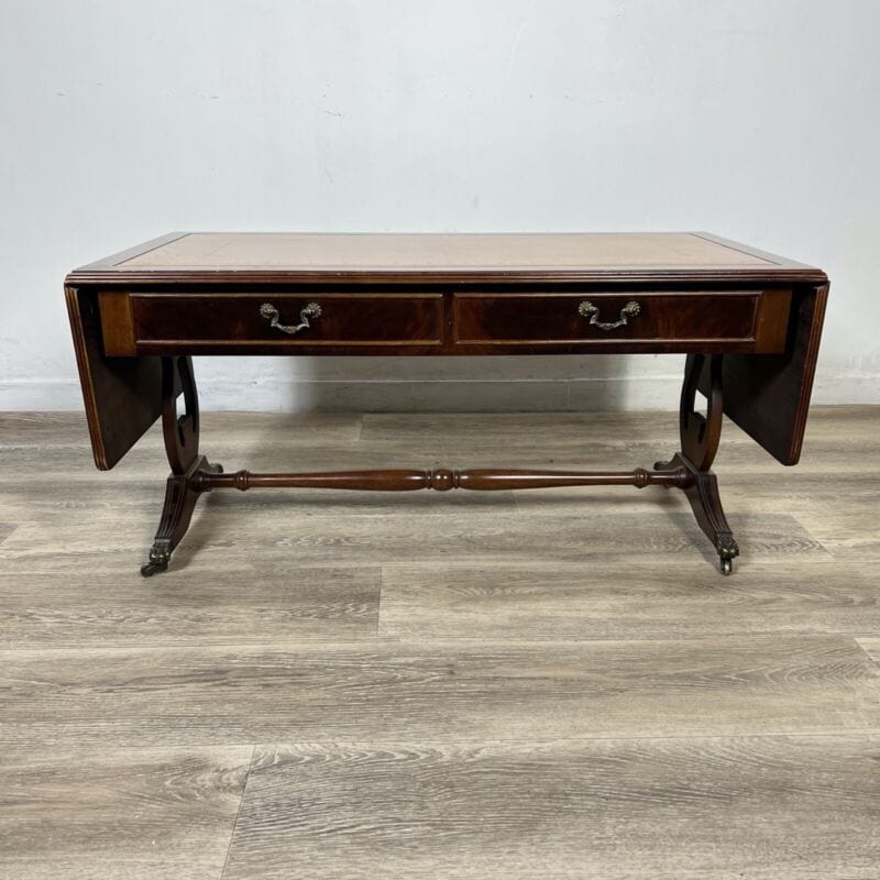 Tavolino tavolo antico da salotto basso in legno piano pelle marrone per ufficio Arredamento