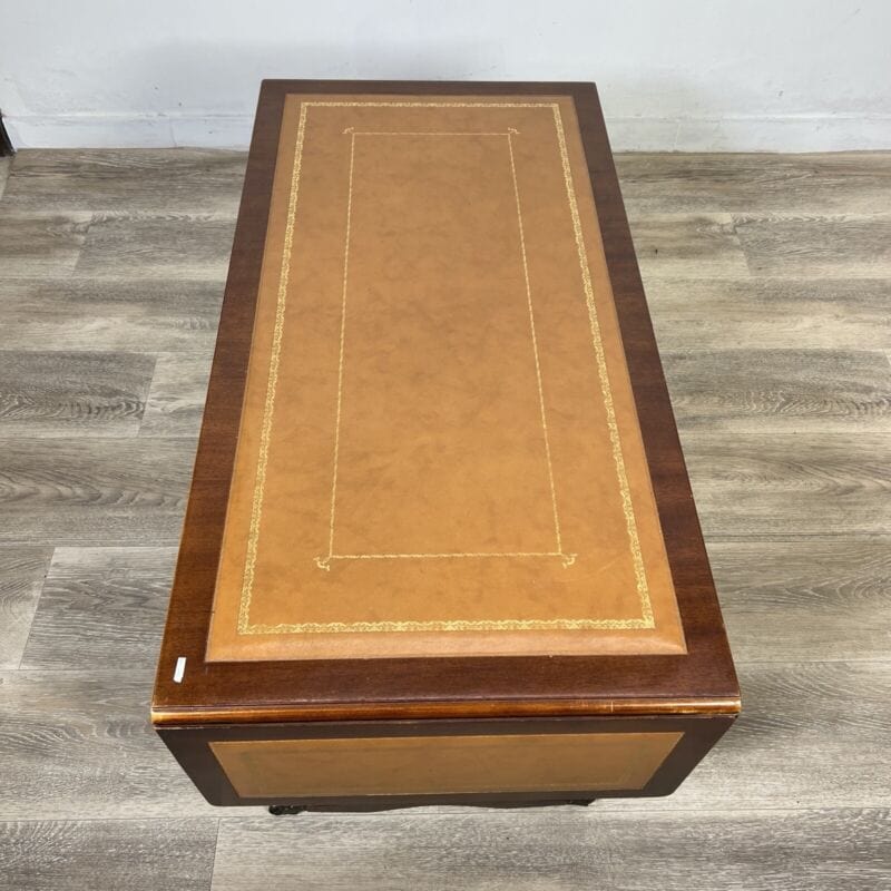 Tavolino tavolo antico da salotto basso in legno piano pelle marrone per ufficio Arredamento