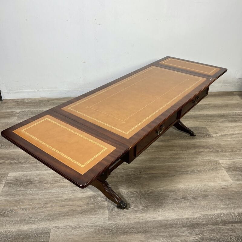 Tavolino tavolo antico da salotto basso in legno piano pelle marrone per ufficio Arredamento