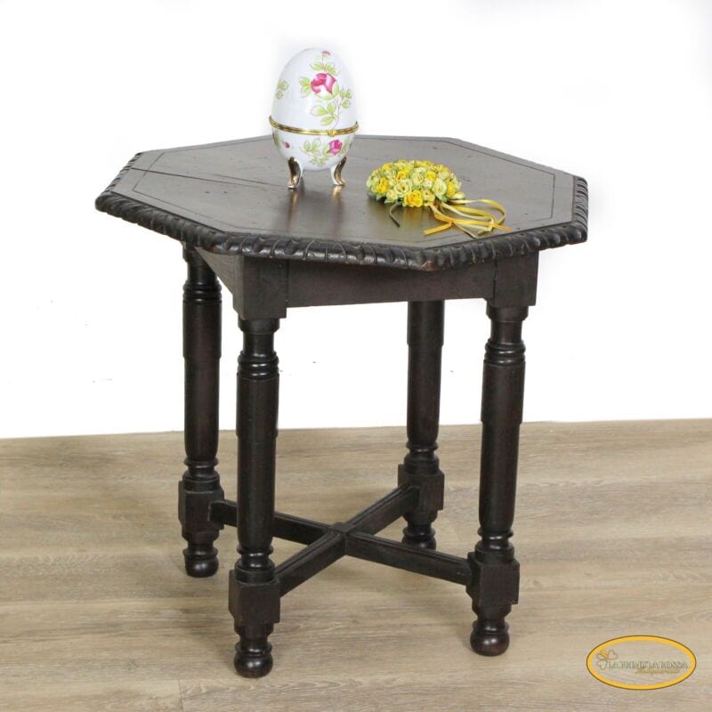 Tavolino tavolo antico da salotto basso per soggiorno in legno ottagonale scuro Arredamento