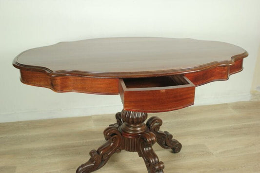 Tavolino tavolo antico in legno mogano ovale a biscotto con cassetti epoca 800 Arredamento