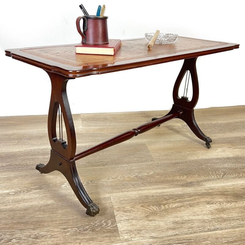 Tavolino tavolo basso antico da salotto con piano in pelle stile Regency vintage Arredamento