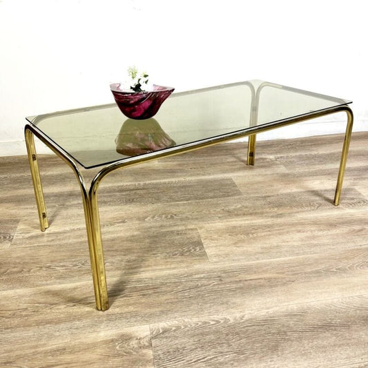 Tavolino tavolo da salotto caffe basso rettangolare in vetro e ottone di design Arredamento