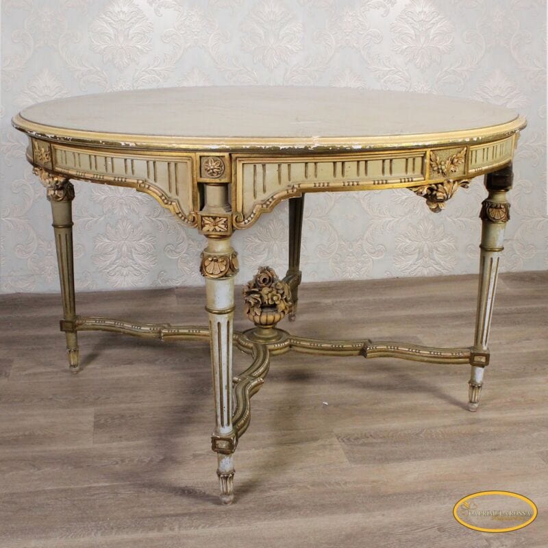 Tavolo da pranzo antico stile Barocco rococo rotondo in legno dipinto bianco oro Arredamento