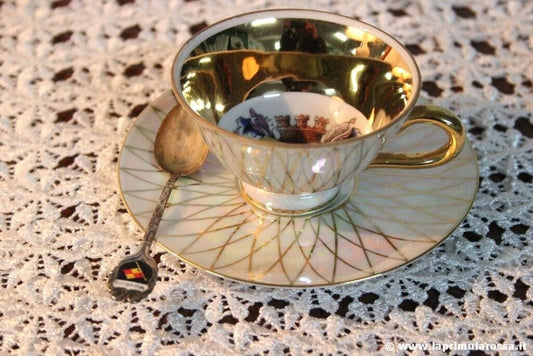 TAZZA DA CAFFE IN PORCELLANA  BAVARIA ORO +CUCCHIAIO ARGENTO STEMMA WURZBURG Ceramiche e Porcellane