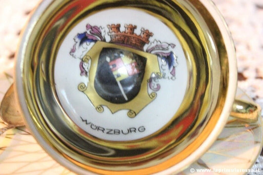 TAZZA DA CAFFE IN PORCELLANA  BAVARIA ORO +CUCCHIAIO ARGENTO STEMMA WURZBURG Ceramiche e Porcellane