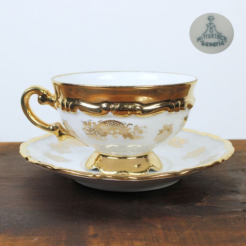 Tazza da tè the antica in porcellana Bavaria tazze tazzina oro con piattino Ceramiche e Porcellane