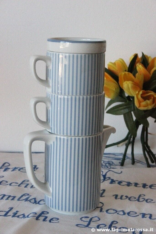 TETE A TETE  TAZZE VINTAGE IN CERAMICA SCHONWALD A RIGHE BIANCO CELESTE TEIERA Ceramiche e Porcellane