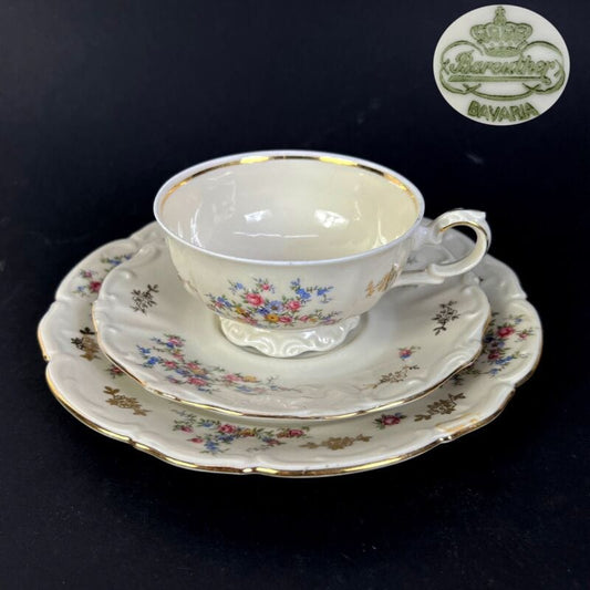 Trio da tè the antico in porcellana vintage Bavaria tazze teiera a fiori e oro Ceramiche e Porcellane