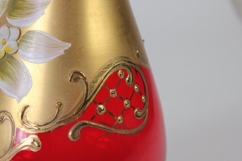 Vaso porta fiori in vetro rosso e oro liberty vasetto stretto deco italia con Vetri e Cristalli