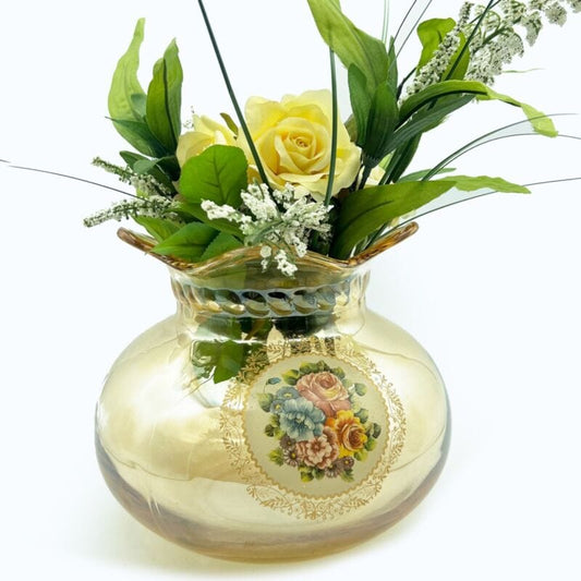 Vaso porta fiori in vetro vintage ambrato portafiori Bocca Larga decorato Vetri e Cristalli