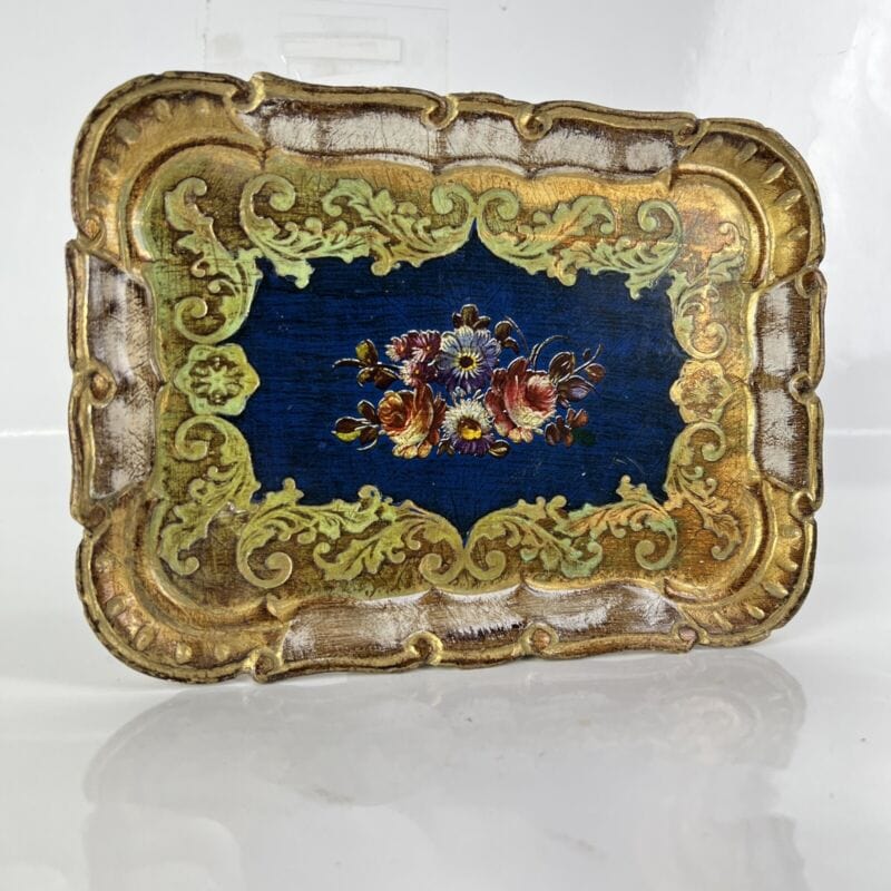 Vassoio in legno vintage arte fiorentina guantiera piatto da portata oro Blu Complementi d'arredo