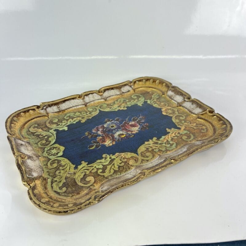 Vassoio in legno vintage arte fiorentina guantiera piatto da portata oro Blu Complementi d'arredo