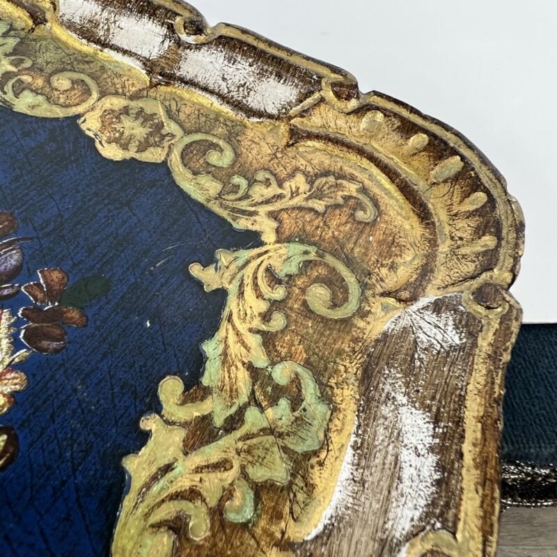 Vassoio in legno vintage arte fiorentina guantiera piatto da portata oro Blu Complementi d'arredo