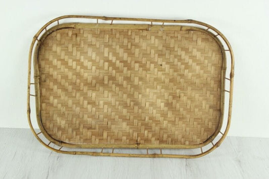 Vassoio in vimini vintage legno bambu bamboo guantiera da tavola cesto rattan Vintage