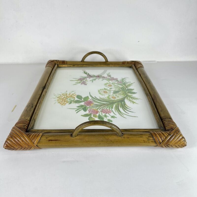 Vassoio Vintage in legno di Bambu anni 70 con dipinto a fiori guantiera Bamboo Complementi d'arredo