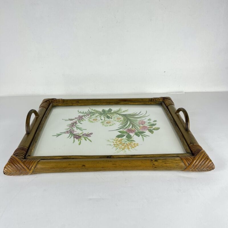 Vassoio Vintage in legno di Bambu anni 70 con dipinto a fiori guantiera Bamboo Complementi d'arredo