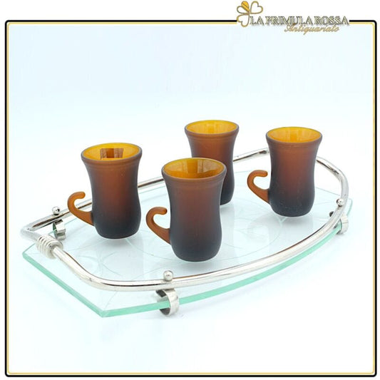 Vassoio vintage in vetro molato e metallo cromato rettangolare anni '40 inciso Complementi d'arredo