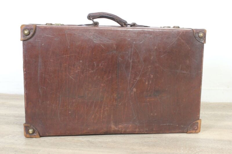 Vecchia Valigia in pelle cuoio marrone vintage stile antico bagaglio anni '50 60 Vintage