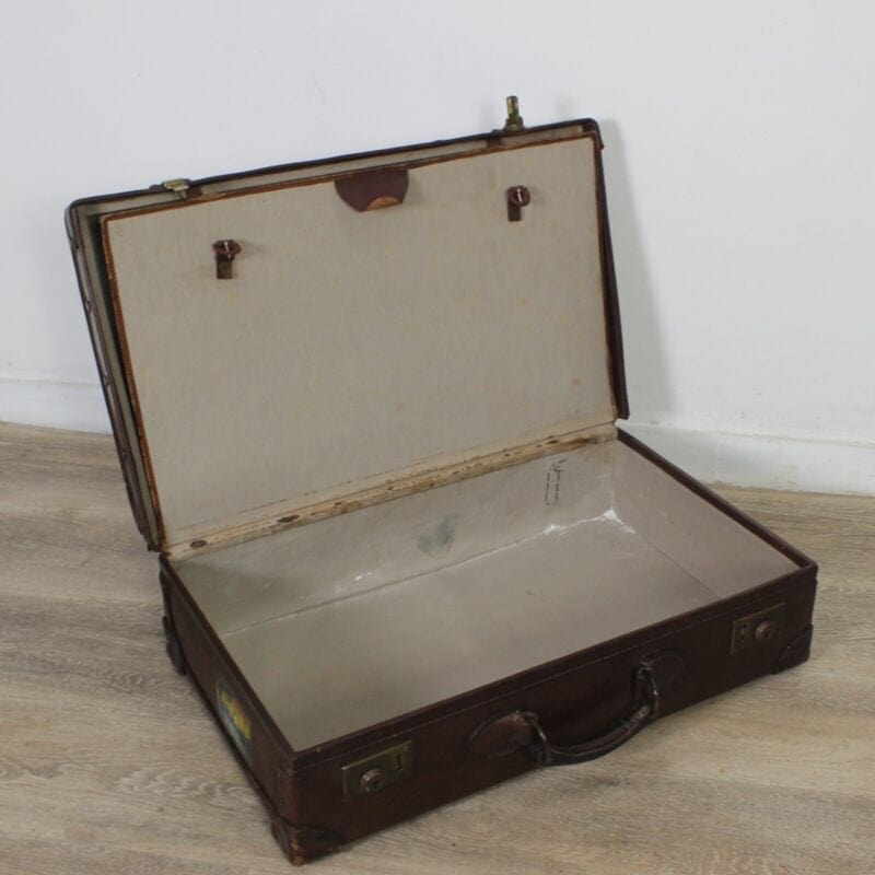 Vecchia Valigia in pelle cuoio marrone vintage stile antico bagaglio anni '50 60 Vintage