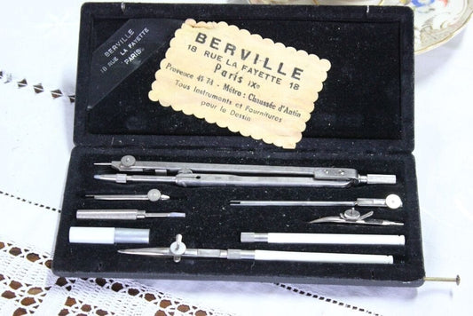 VECCHIO ASTUCCIO COMPASSI FRANCESI BERVILLE PARIS STRUMENTI DA DISEGNO VINTAGE Attrezzi e Strumenti
