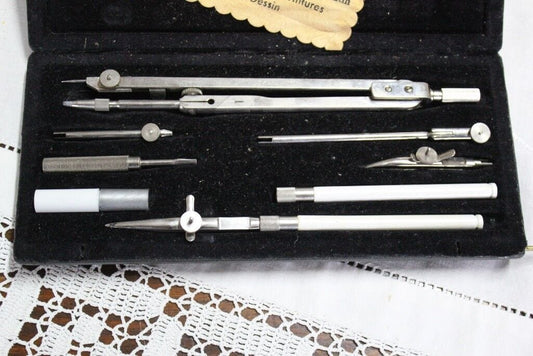 VECCHIO ASTUCCIO COMPASSI FRANCESI BERVILLE PARIS STRUMENTI DA DISEGNO VINTAGE Attrezzi e Strumenti