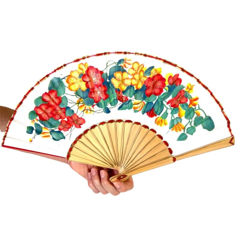 Ventaglio vintage per signora in legno naturale e tessuto dipinto a mano fiori Ventagli
