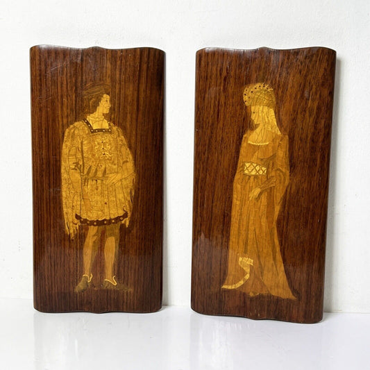 Antica coppia pannelli decorativi intarsiati in legno Andrea Gusmai mitologia