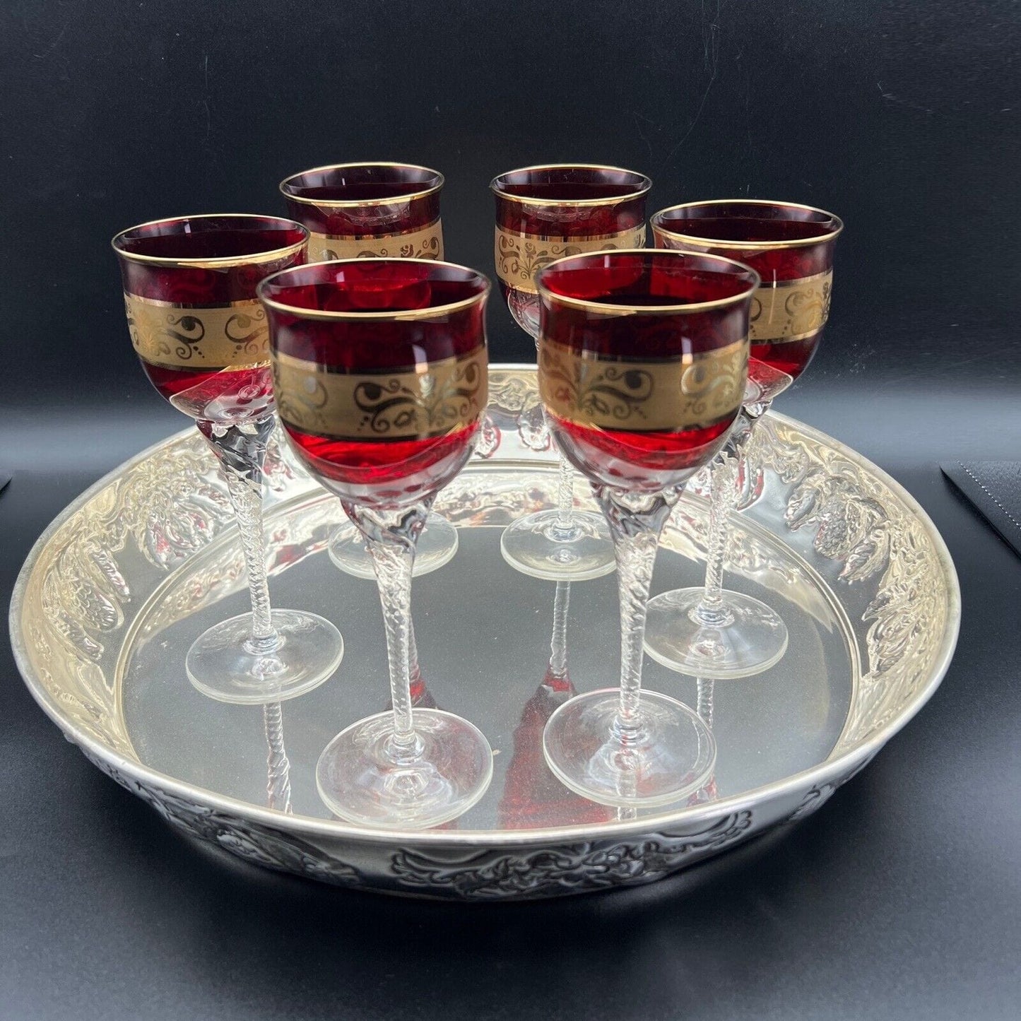 Set Bicchieri vintage in vetro da Vino per aperitivo a calice Anni 70 Rosso Oro