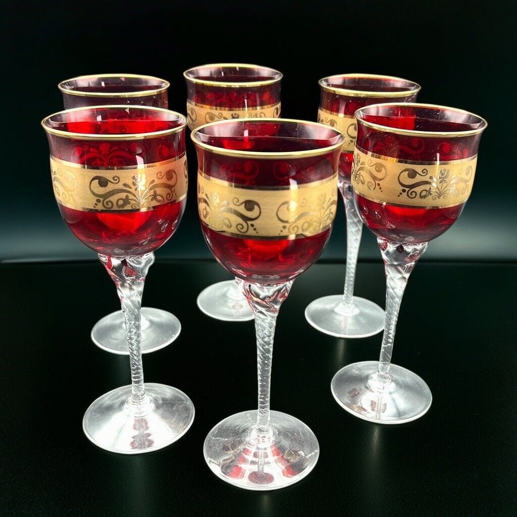 Set Bicchieri vintage in vetro da Vino per aperitivo a calice Anni 70 Rosso Oro