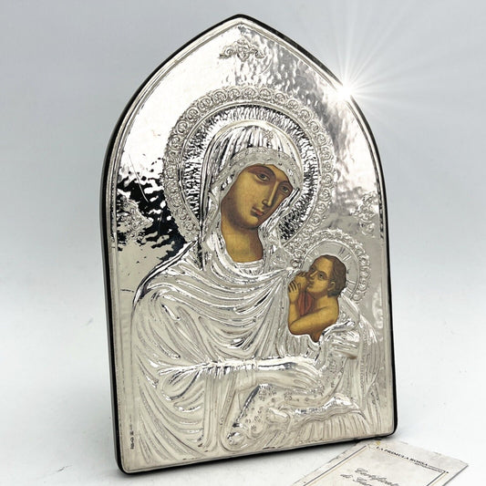 Icona antica religiosa sacra Madonna con Bambino Russa riza in Argento 925